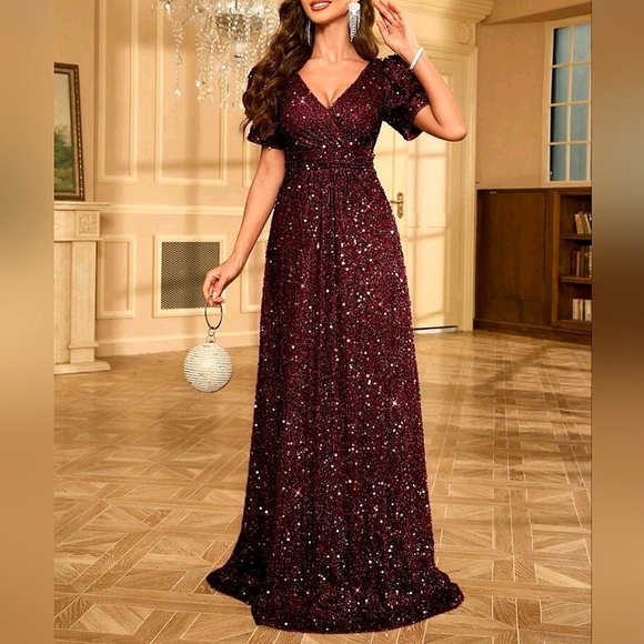 NEW Glam Sequin Ruched Top Puffed Short Sleeve Maxi Gown Dress Burgundy Red - Picture 1 of 9